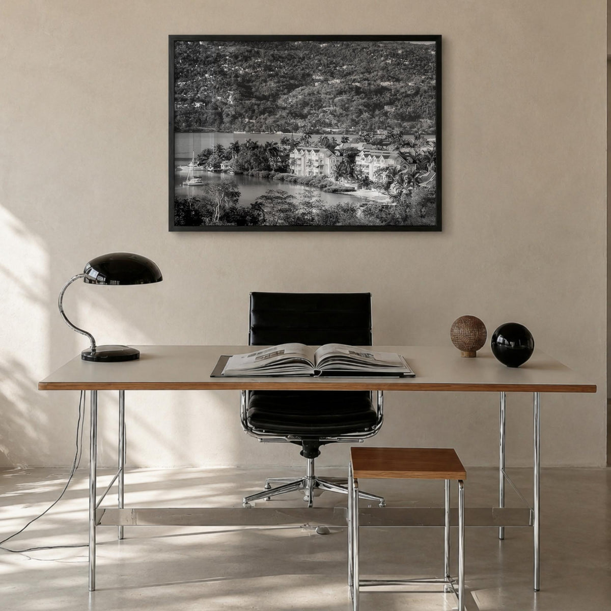 Jamaica black & white photo poster of Caribbean – horizontal wall art in black wood frame, hanging on wall
