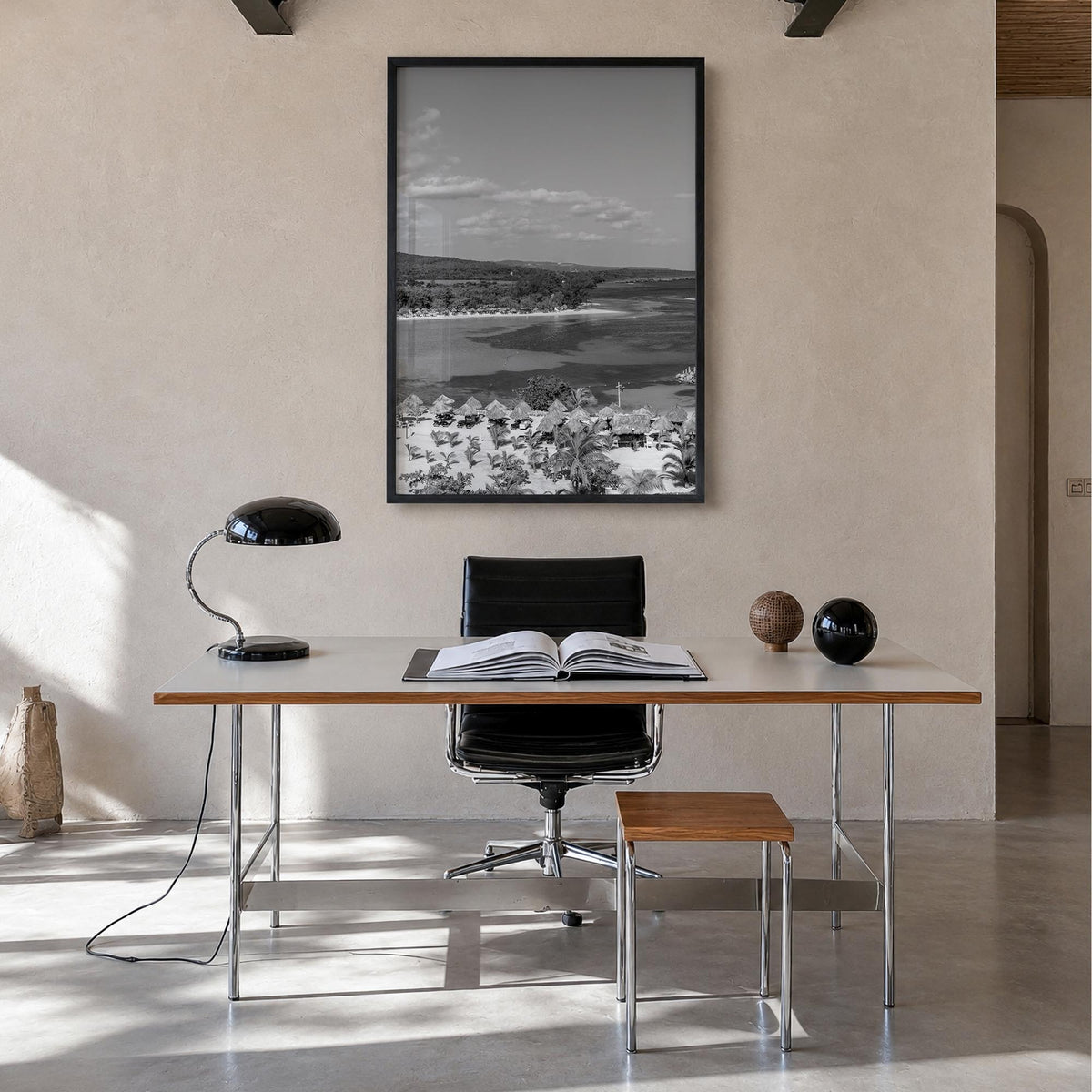 Jamaica black & white photo poster of Caribbean – vertical wall art in black wood frame, hanging on wall