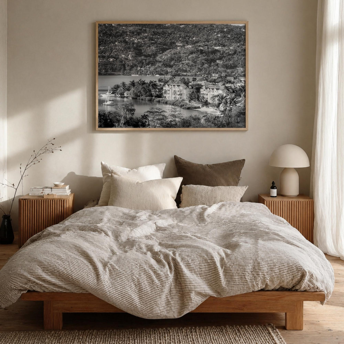 Jamaica black & white photo poster of Caribbean – horizontal wall art in natural wood frame, hanging on wall