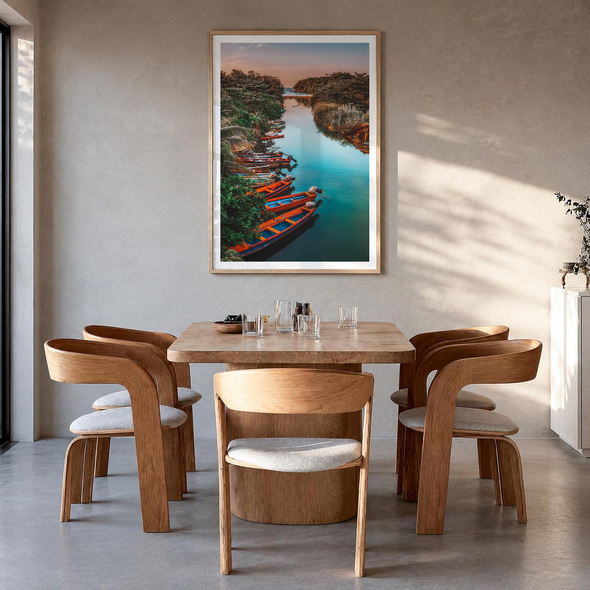 Jamaica no. 1 colorful photo poster of Caribbean – vertical wall art in natural wood frame with white border, hanging on wall