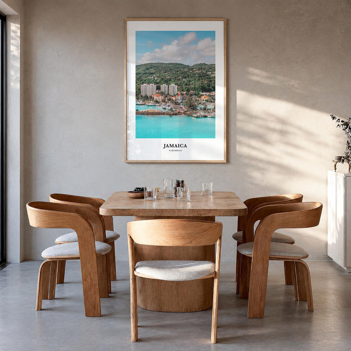 Jamaica no. 2 colorful classic poster of Caribbean – vertical wall art in natural wood frame, hanging on wall