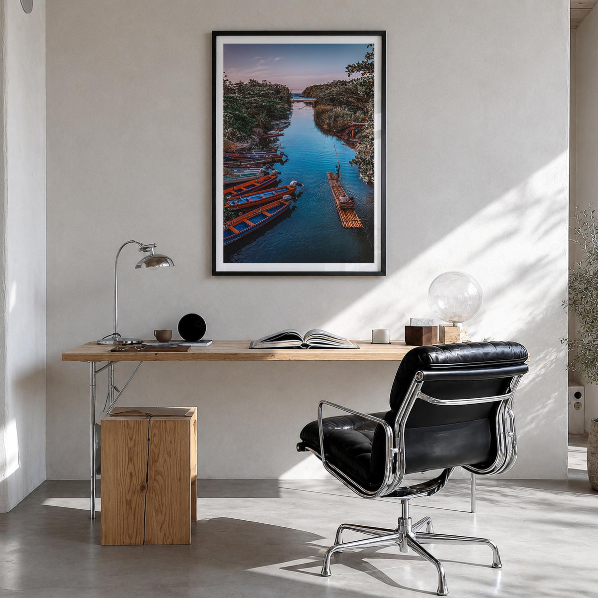 Jamaica no. 2 colorful photo poster of Caribbean – vertical wall art in black wood frame with white border, hanging on wall