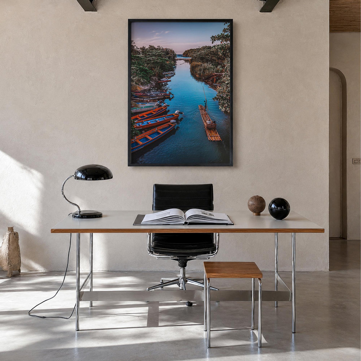 Jamaica no. 2 colorful photo poster of Caribbean – vertical wall art in black wood frame, hanging on wall