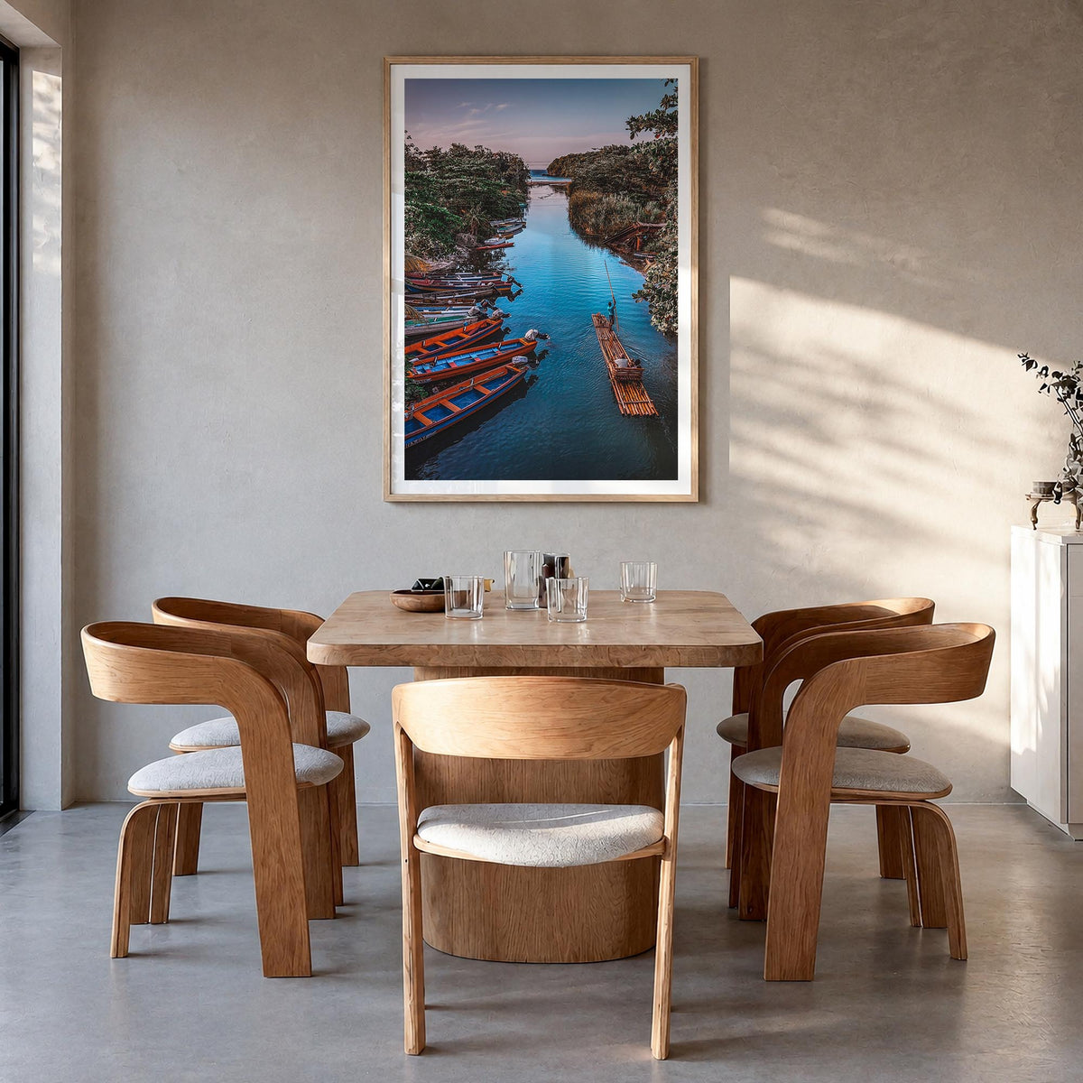 Jamaica no. 2 colorful photo poster of Caribbean – vertical wall art in natural wood frame with white border, hanging on wall