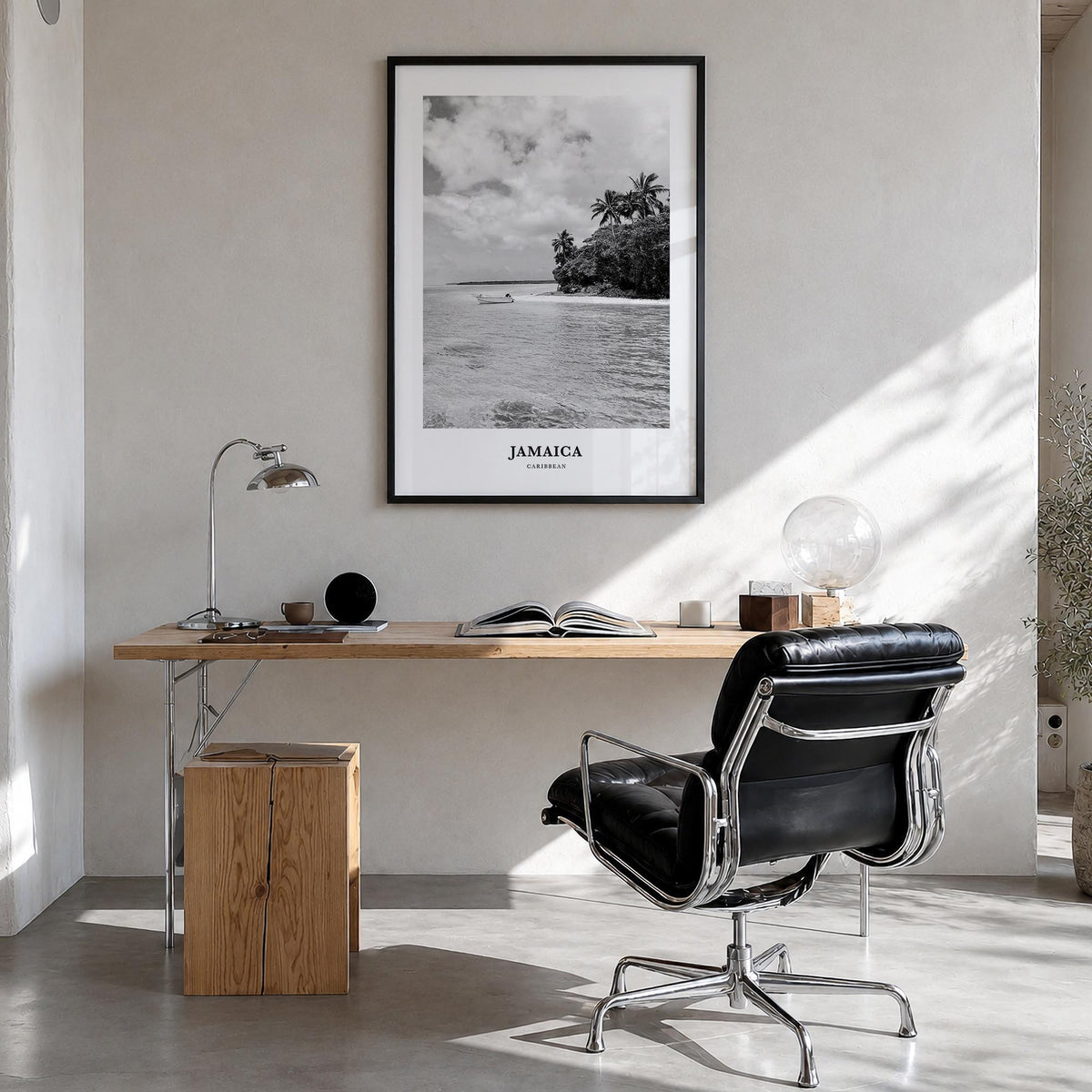 Jamaica no. 3 black & white classic poster of Caribbean – vertical wall art in black wood frame, hanging on wall