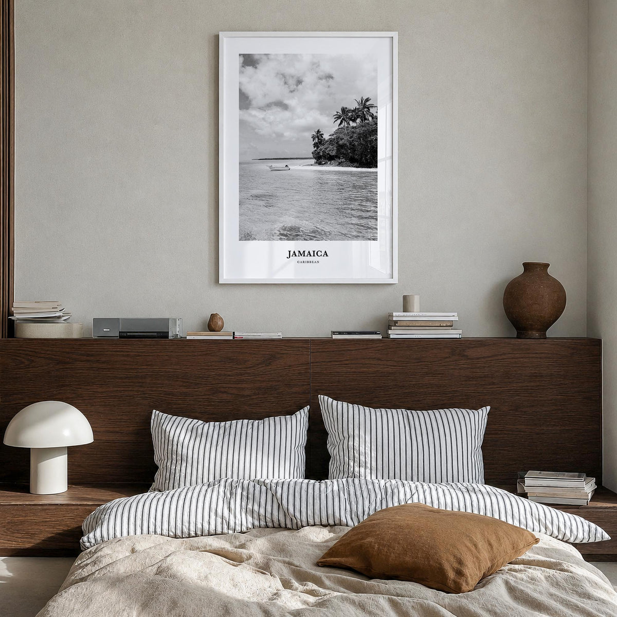 Jamaica no. 3 black & white classic poster of Caribbean – vertical wall art in white wood frame, hanging on wall