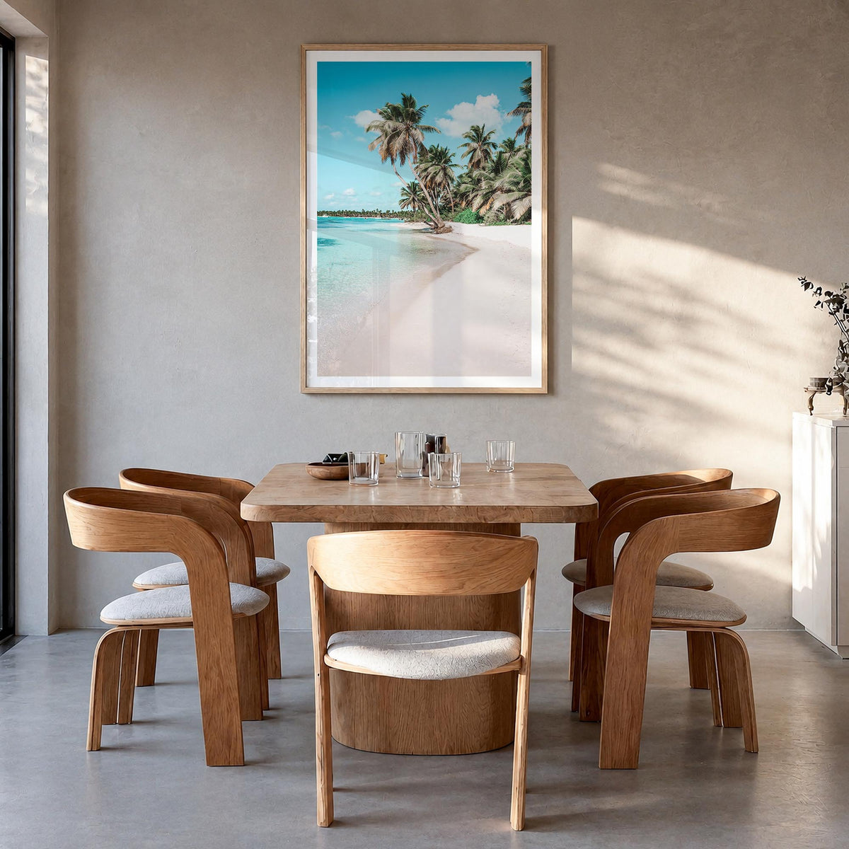 Jamaica no. 3 colorful photo poster of Caribbean – vertical wall art in natural wood frame with white border, hanging on wall