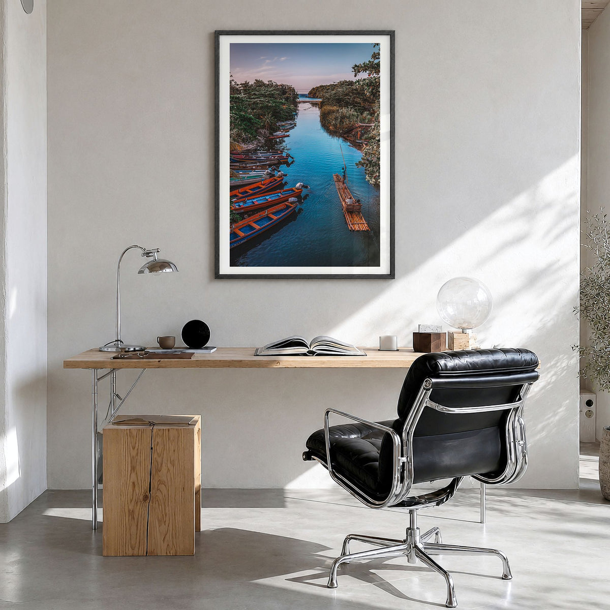 Jamaica Photo No 2 Poster in a black wood frame, hanging in a bright home office, white border