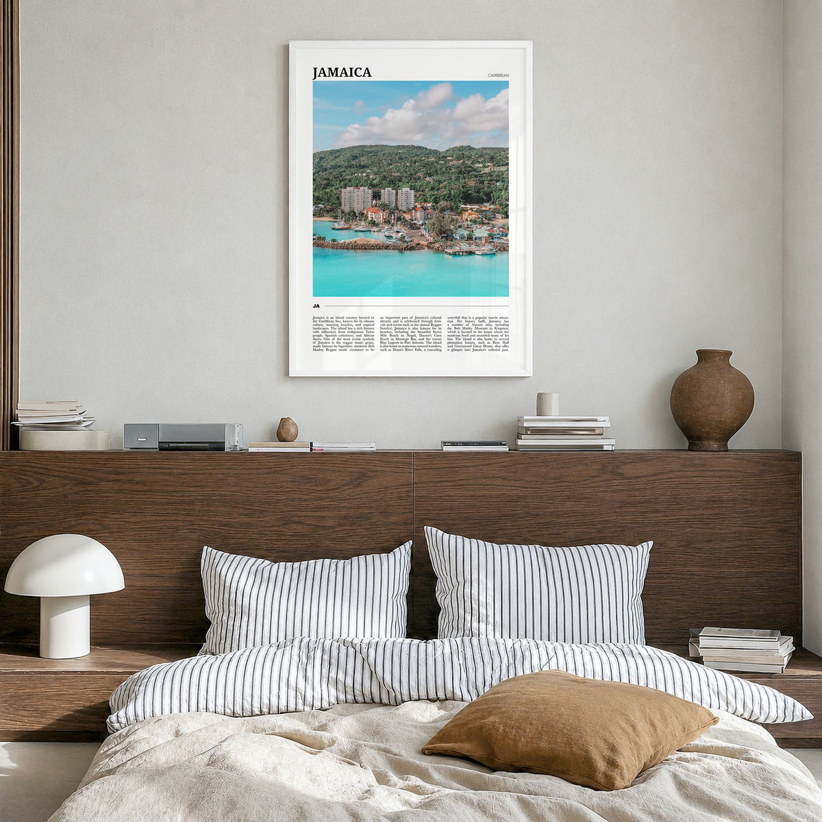Jamaica Travel No 2 Poster in a white wood frame, hanging in a bedroom
