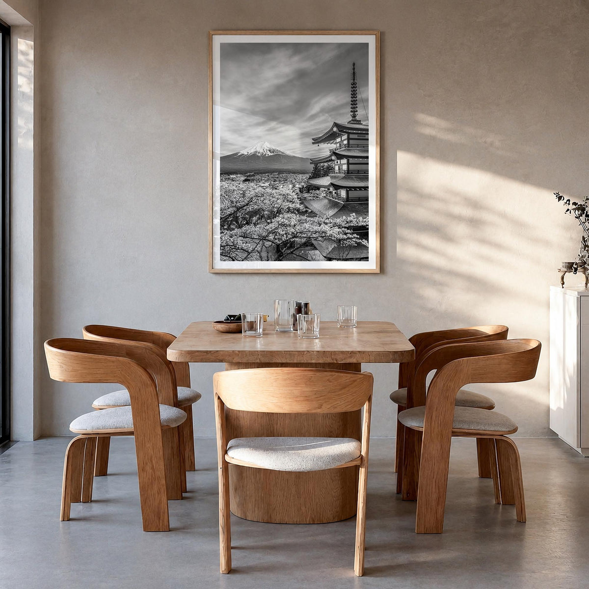 Japan black & white photo poster of Asia – vertical wall art in natural wood frame with white border, hanging on wall