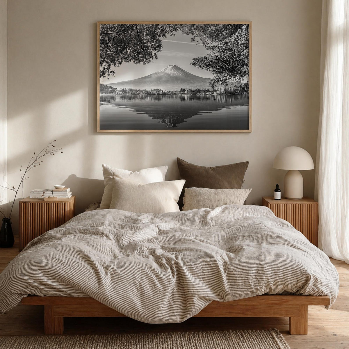 Japan black & white photo poster of Asia – horizontal wall art in natural wood frame, hanging on wall