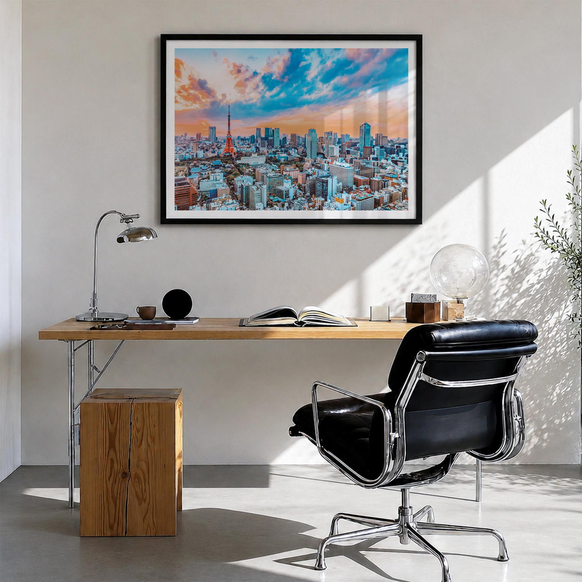 Japan colorful photo poster of Asia – horizontal wall art in black wood frame with white border, hanging on wall