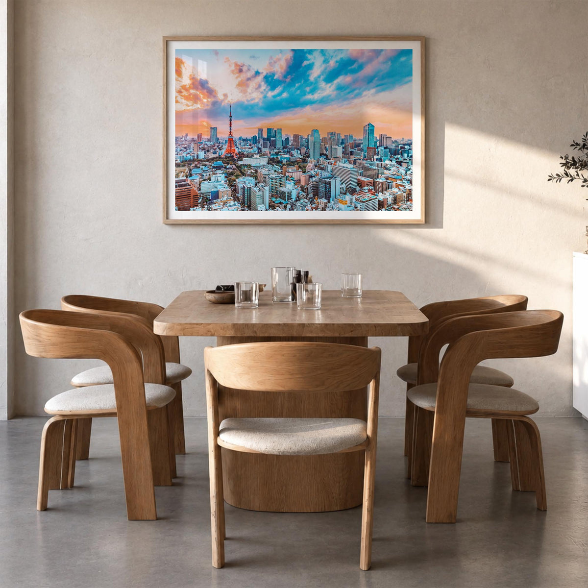 Japan colorful photo poster of Asia – horizontal wall art in natural wood frame with white border, hanging on wall