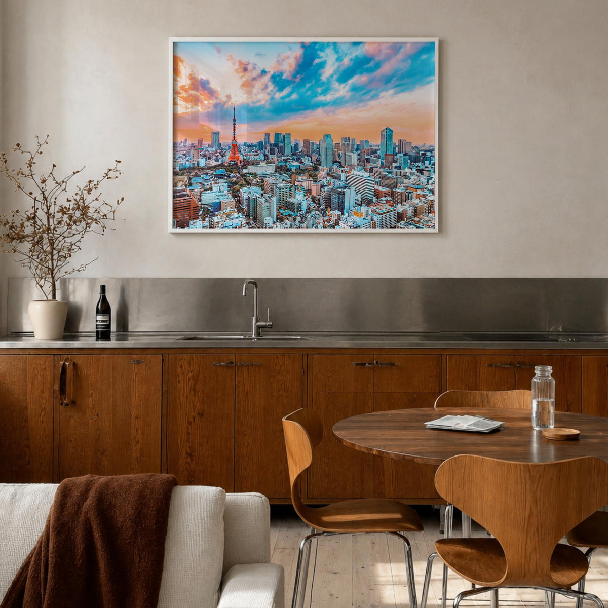 Japan colorful photo poster of Asia – horizontal wall art in white wood frame, hanging on wall