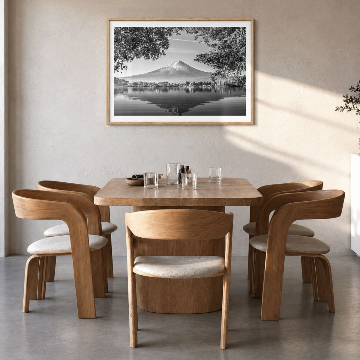 Japan Photo Poster in a natural wood frame, hanging in a dining room, white border