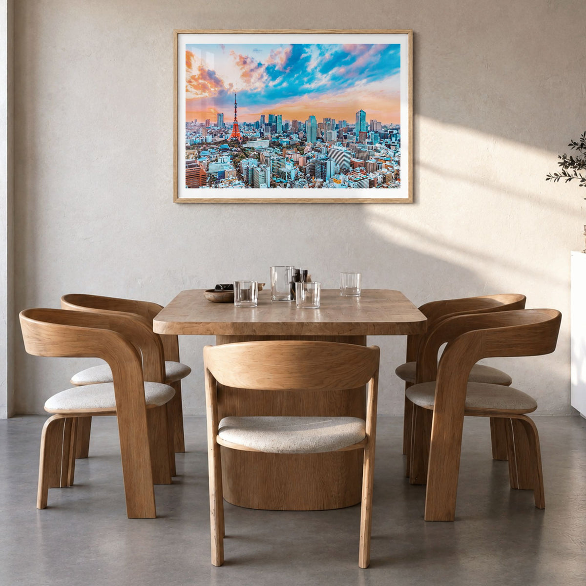 Japan Photo Poster in a natural wood frame, hanging in a dining room, white border