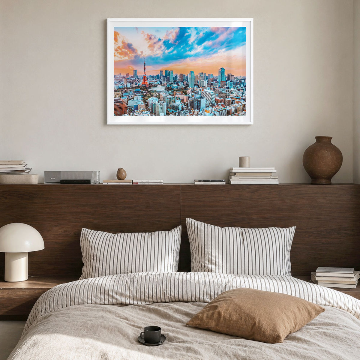 Japan Photo Poster in a white wood frame, hanging in a bedroom, white border