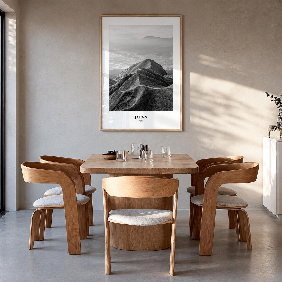 Japan no. 1 black & white classic poster of Asia – vertical wall art in natural wood frame, hanging on wall
