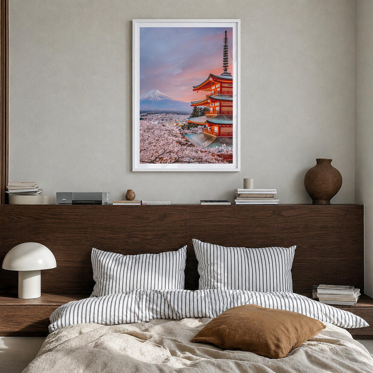 Japan no. 1 colorful photo poster of Asia – vertical wall art in white wood frame with white border, hanging on wall