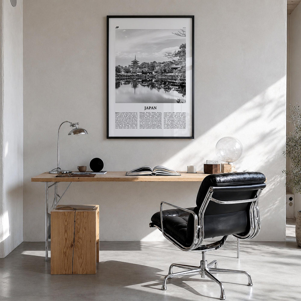 Japan no. 2 black & white newspaper poster of Asia – vertical wall art in black wood frame, hanging on wall