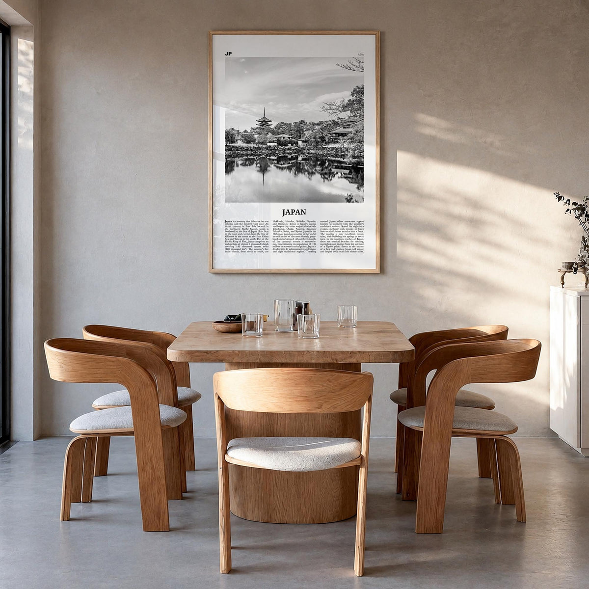 Japan no. 2 black & white newspaper poster of Asia – vertical wall art in natural wood frame, hanging on wall