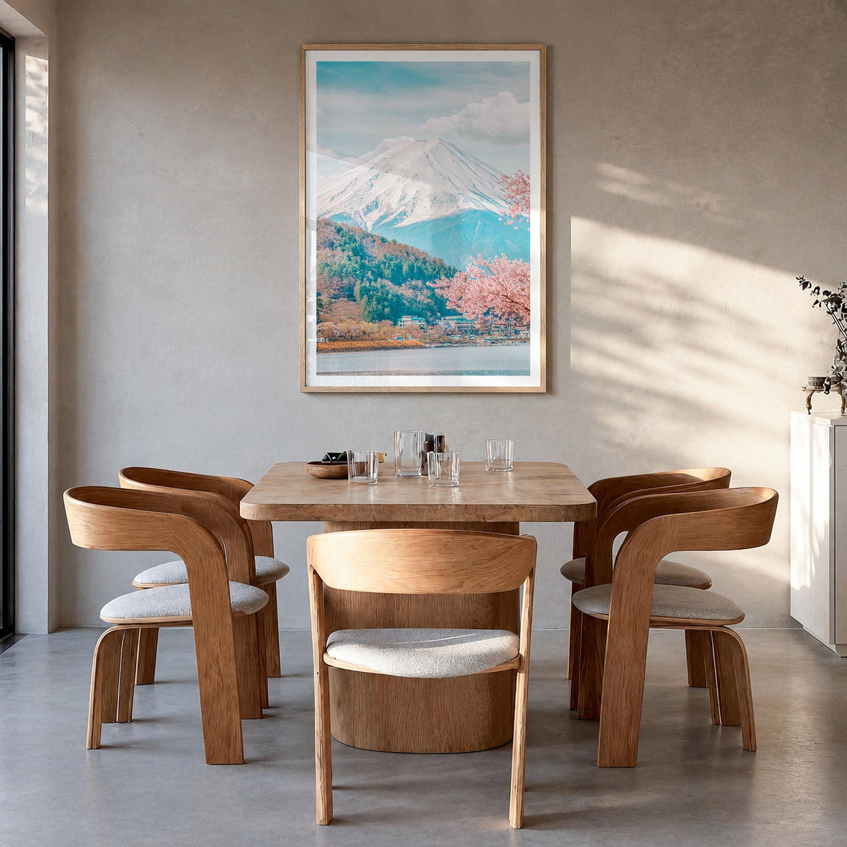 Japan no. 2 colorful photo poster of Asia – vertical wall art in natural wood frame with white border, hanging on wall