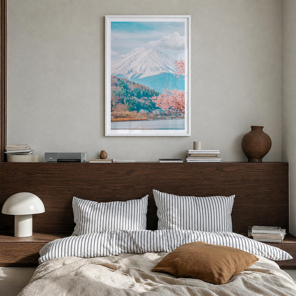 Japan no. 2 colorful photo poster of Asia – vertical wall art in white wood frame with white border, hanging on wall