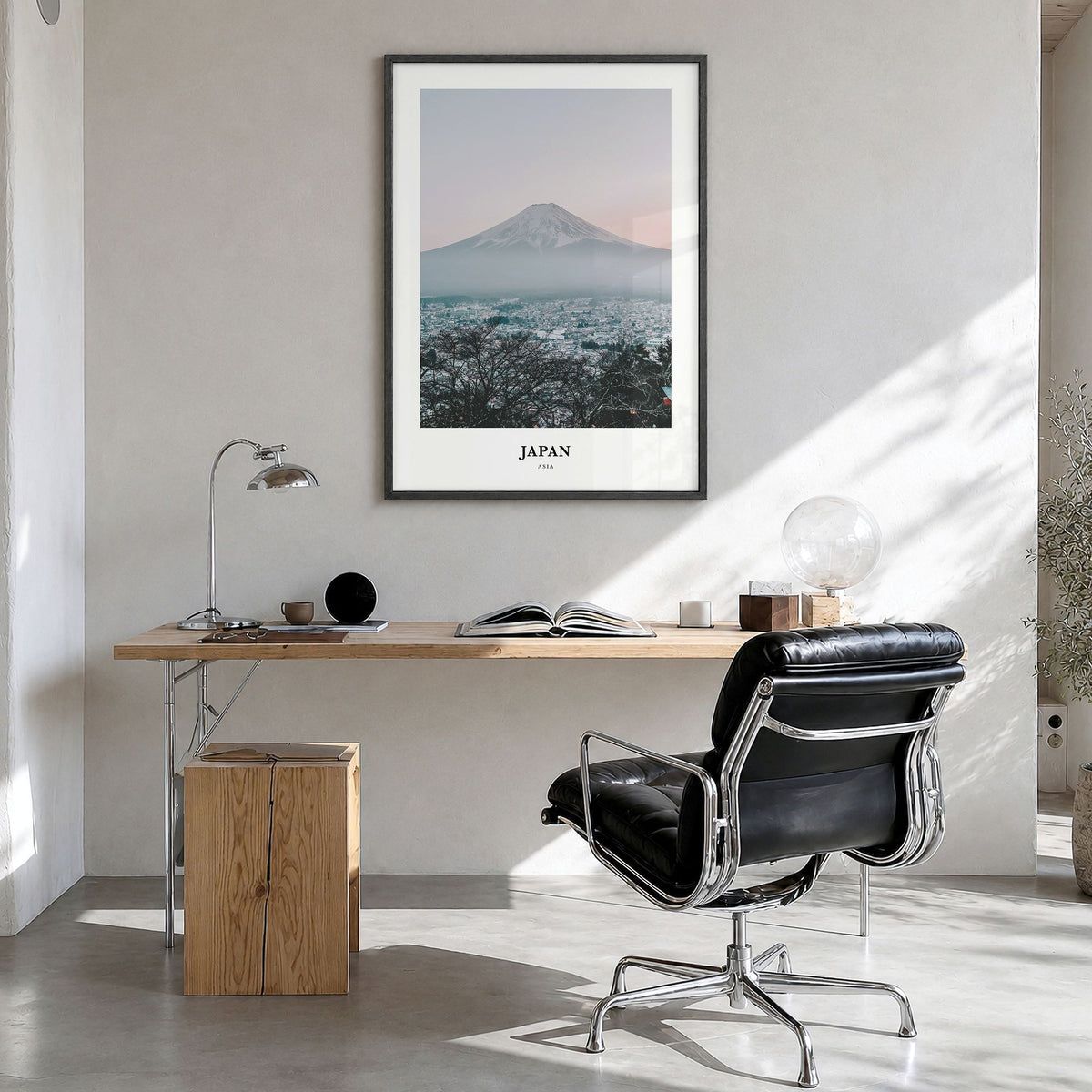 Japan Classic Poster in a black wood frame, hanging in a bright home office