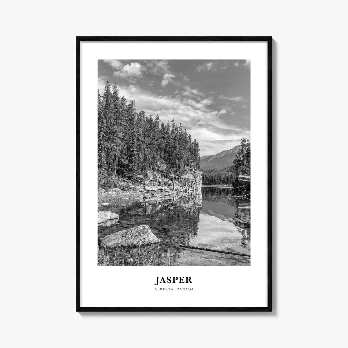 Jasper National Park black & white classic poster of Alberta, Canada – vertical wall art, unframed print shown in interior mo
