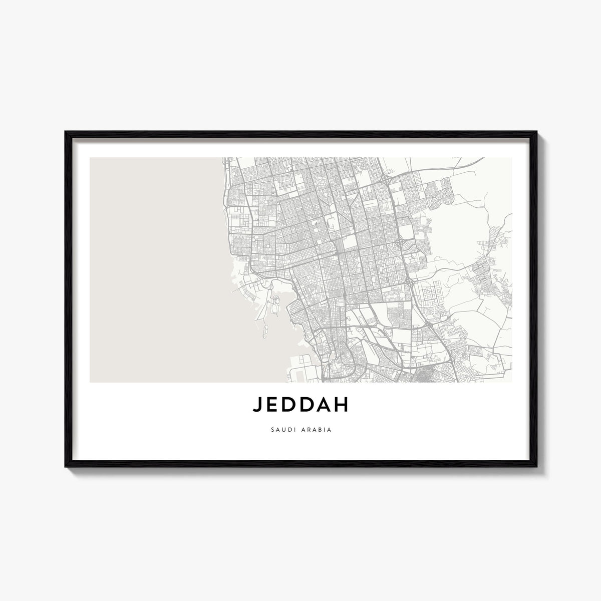 Jeddah black & white map poster of Saudi Arabia – horizontal wall art, unframed print shown in interior mockup