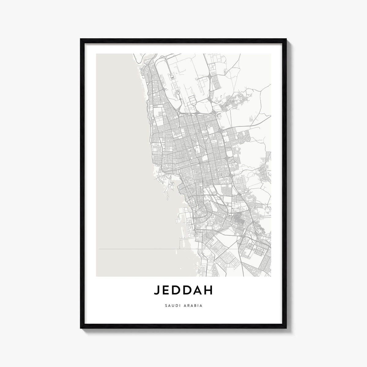 Jeddah black & white map poster of Saudi Arabia – vertical wall art, unframed print shown in interior mockup