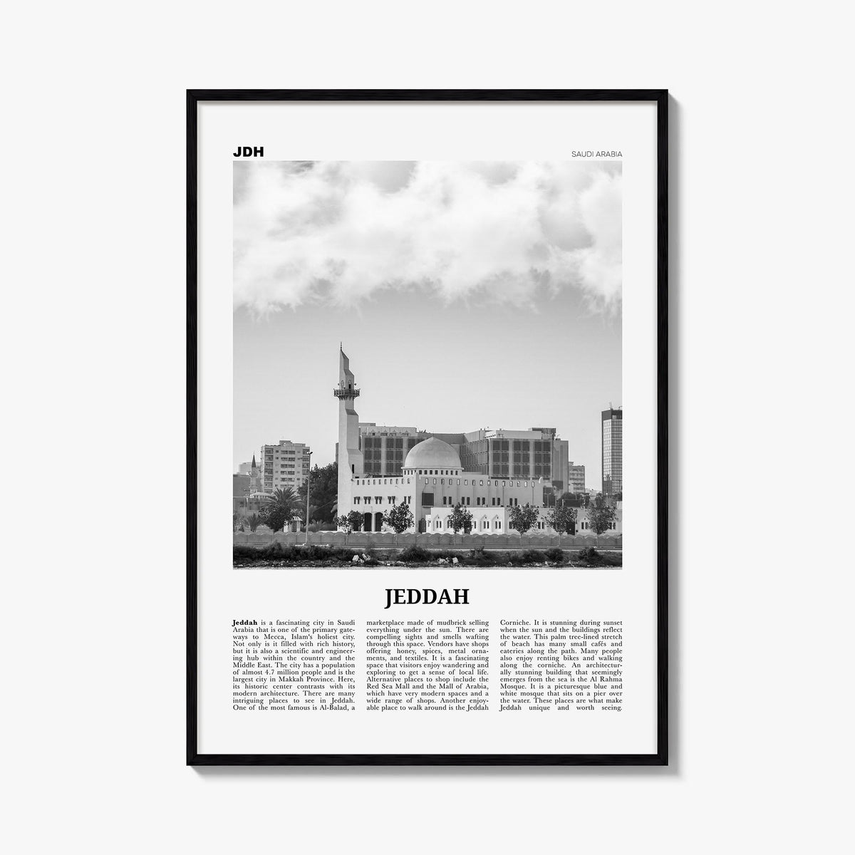 Jeddah black & white newspaper poster of Saudi Arabia – vertical wall art, unframed print shown in interior mockup