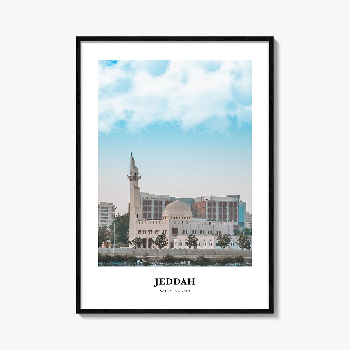 Jeddah colorful classic poster of Saudi Arabia – vertical wall art, unframed print shown in interior mockup