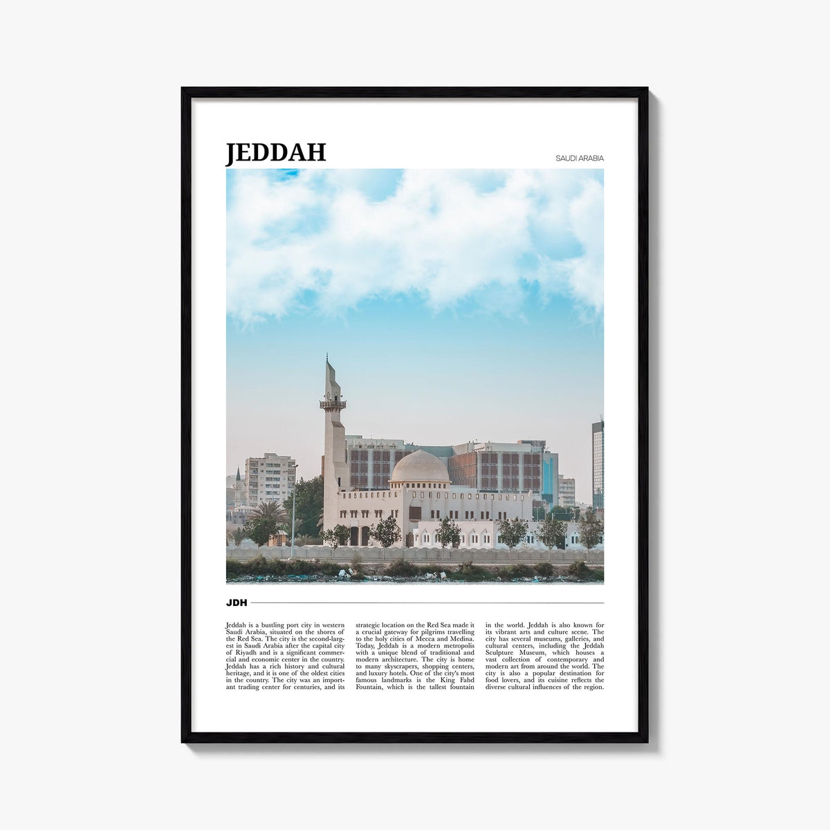 Jeddah colorful travel poster of Saudi Arabia – vertical wall art, unframed print shown in interior mockup