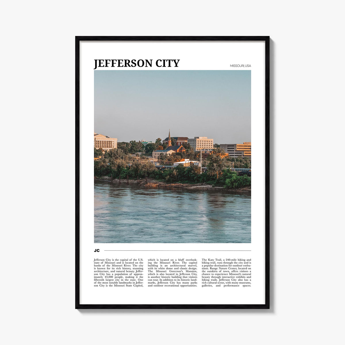 Jefferson City no. 1 colorful travel poster of Missouri, USA – vertical wall art, unframed print shown in interior mockup