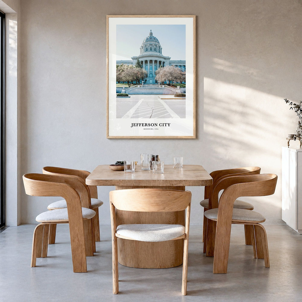 Jefferson City Classic No 2 Poster in a natural wood frame, hanging in a dining room