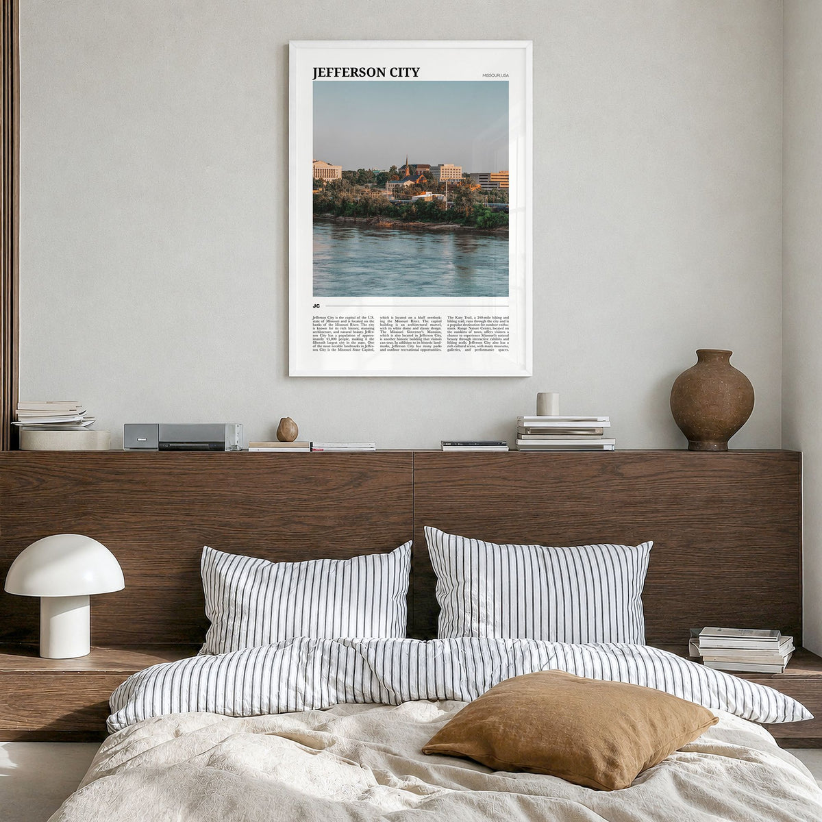 Jefferson City Travel No 1 Poster in a white wood frame, hanging in a bedroom