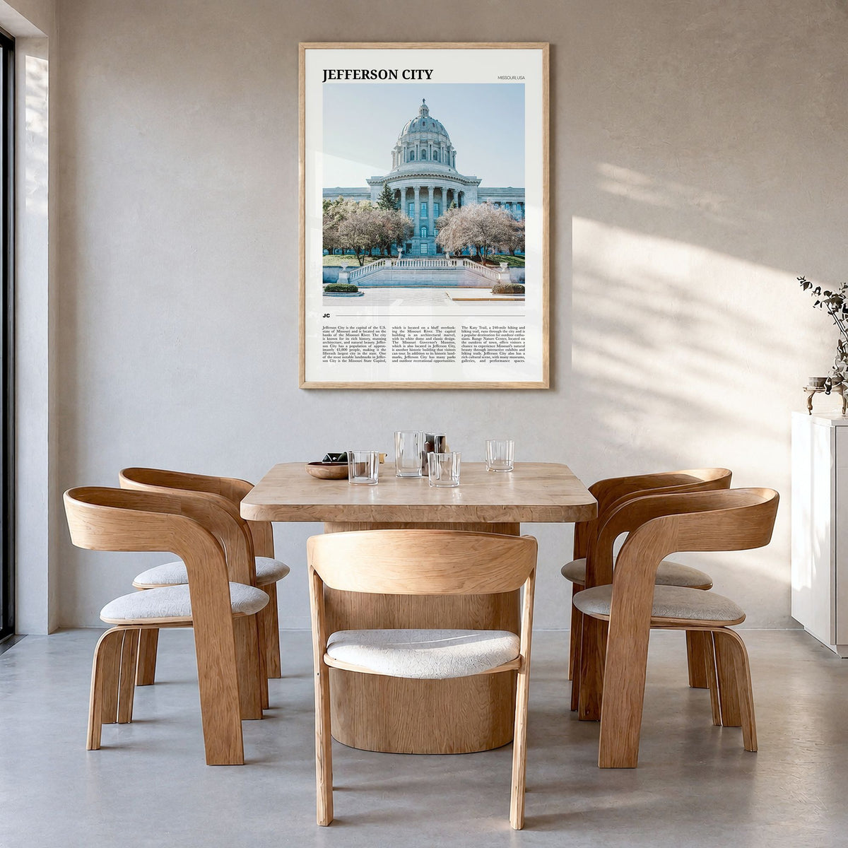 Jefferson City Travel No 2 Poster in a natural wood frame, hanging in a dining room