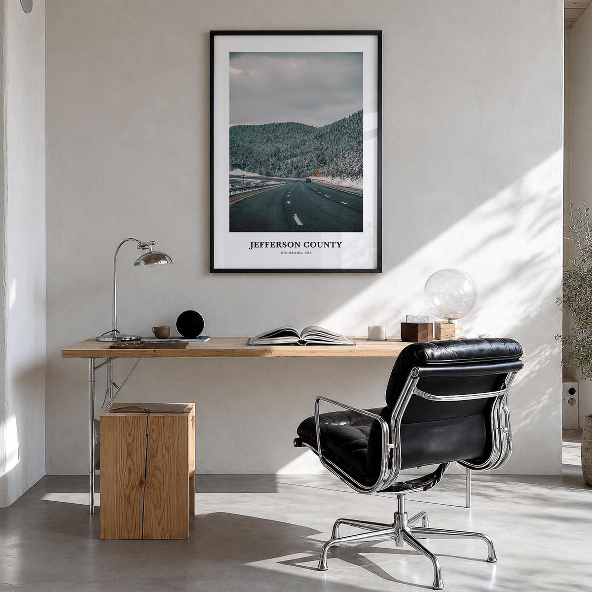 Jefferson County colorful classic poster of Colorado, USA – vertical wall art in black wood frame, hanging on wall