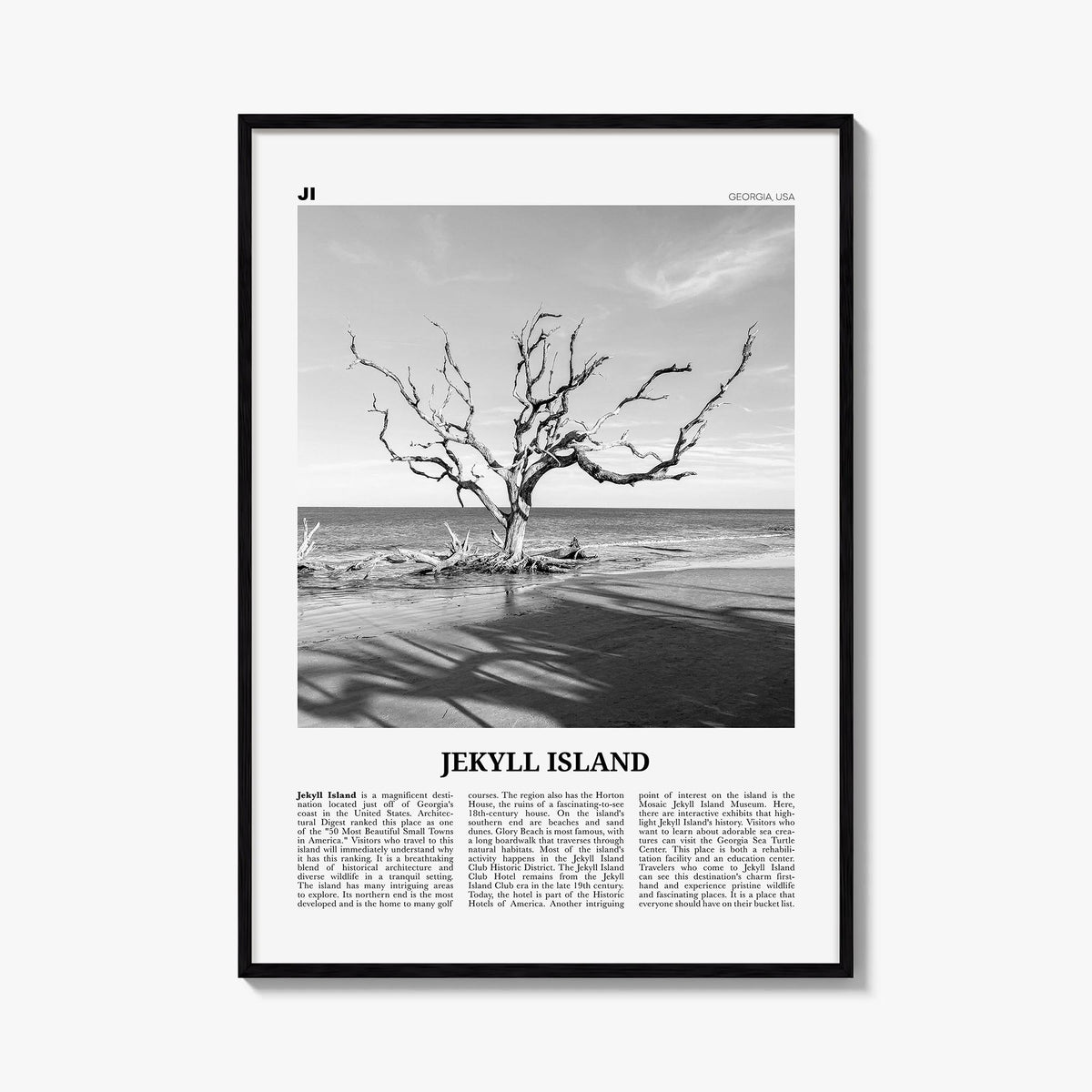 Jekyll Island black & white newspaper poster of Georgia, USA – vertical wall art, unframed print shown in interior mockup