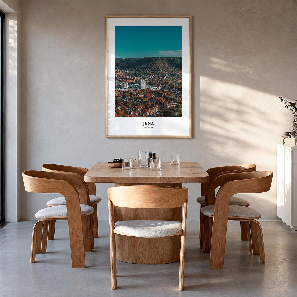 Jena colorful classic poster of Germany – vertical wall art in natural wood frame, hanging on wall