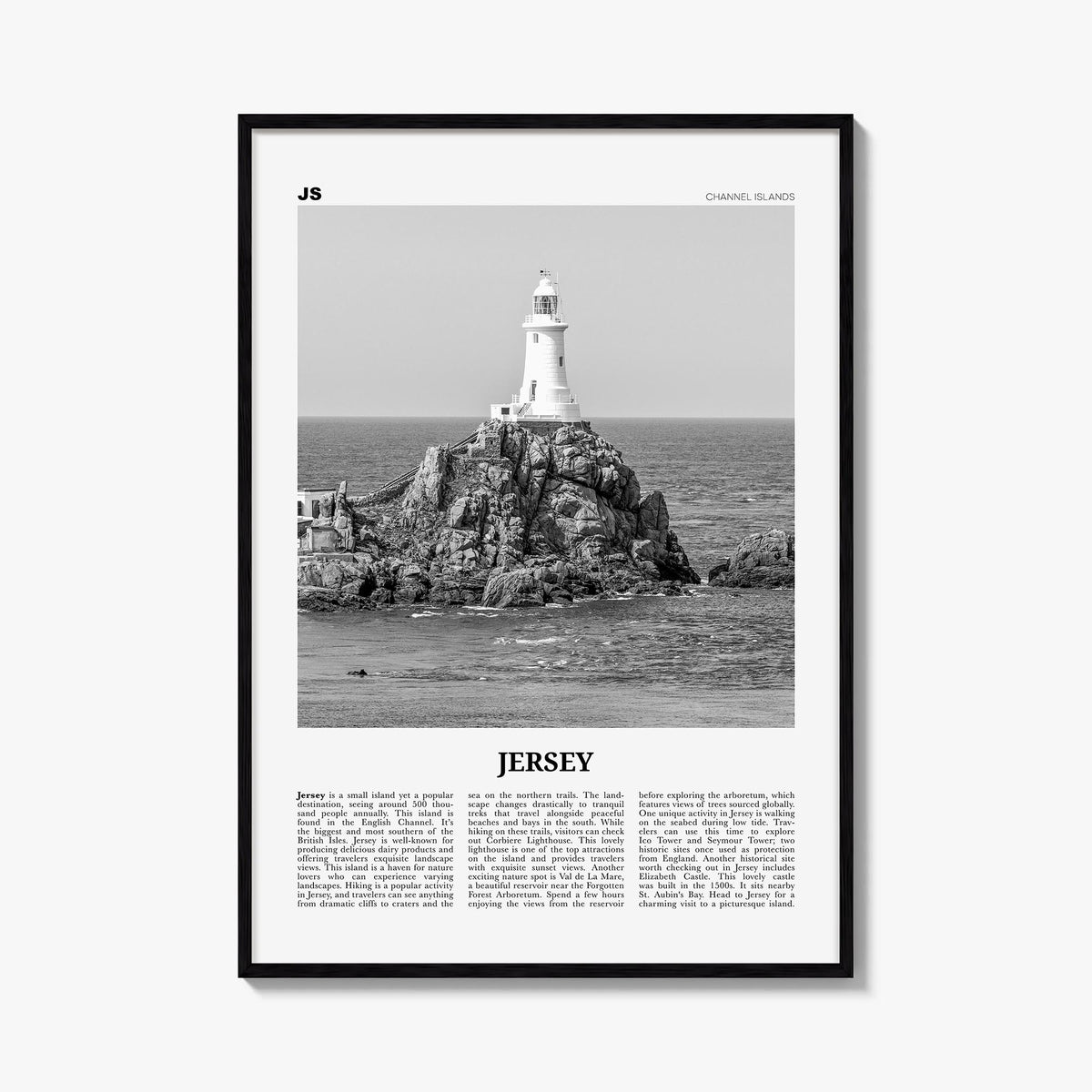 Jersey, Channel Islands no. 1 black & white newspaper poster of Channel Islands – vertical wall art, unframed print shown in
