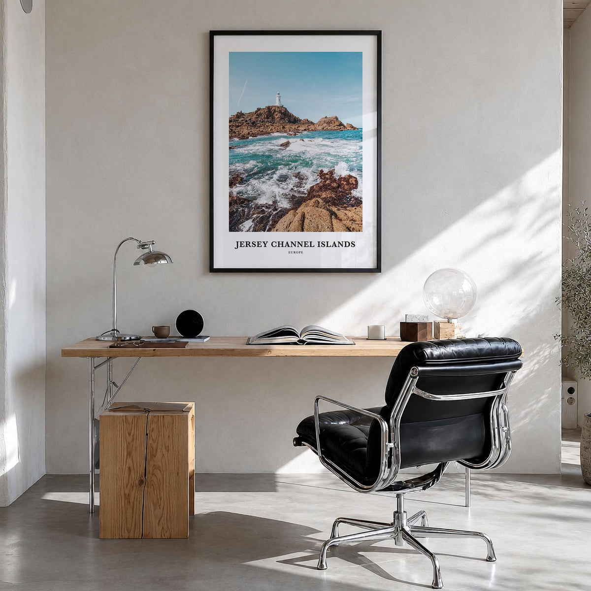 Jersey, Channel Islands no. 1 colorful classic poster of Channel Islands – vertical wall art in black wood frame, hanging on