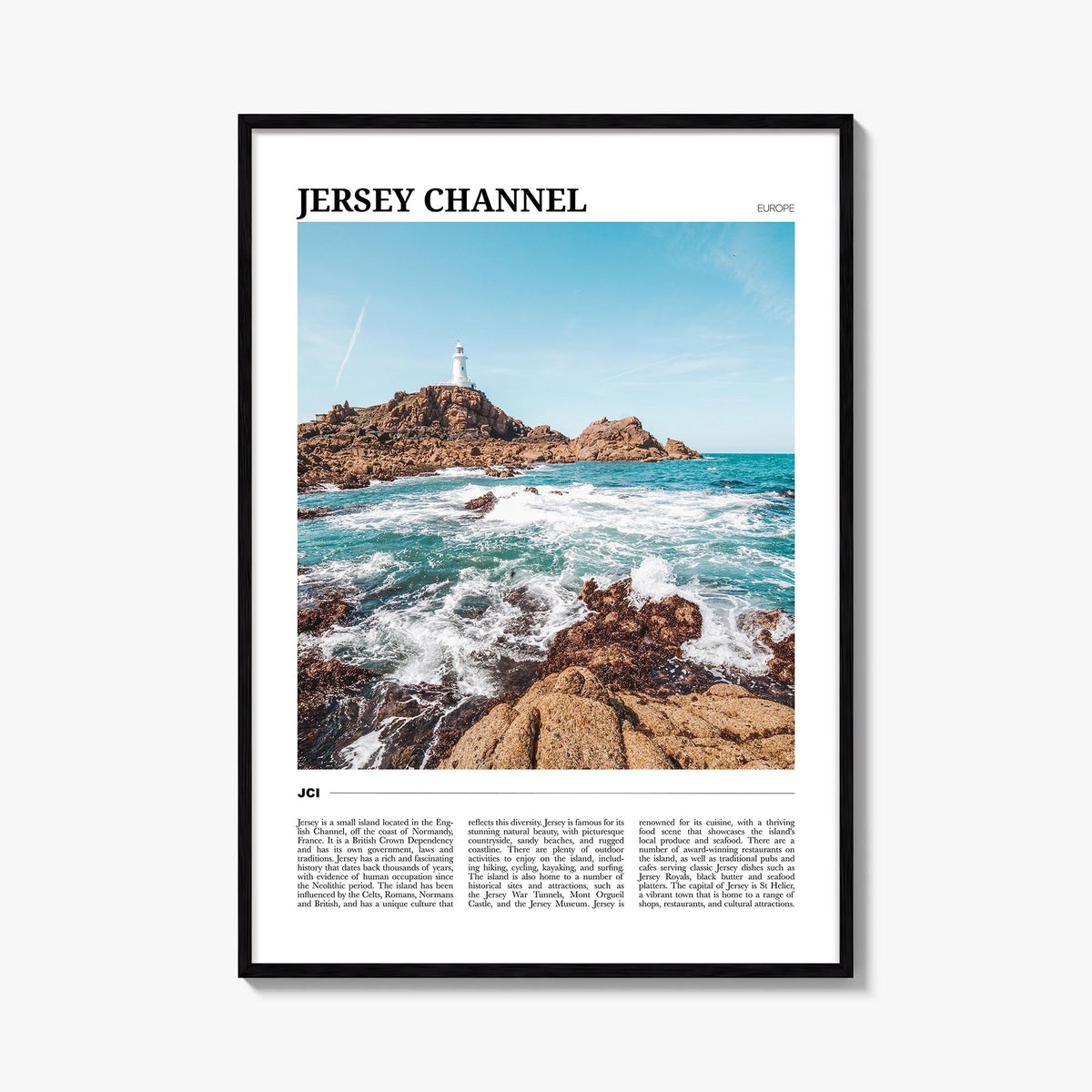 Jersey, Channel Islands no. 1 colorful travel poster of Channel Islands – vertical wall art, unframed print shown in interior