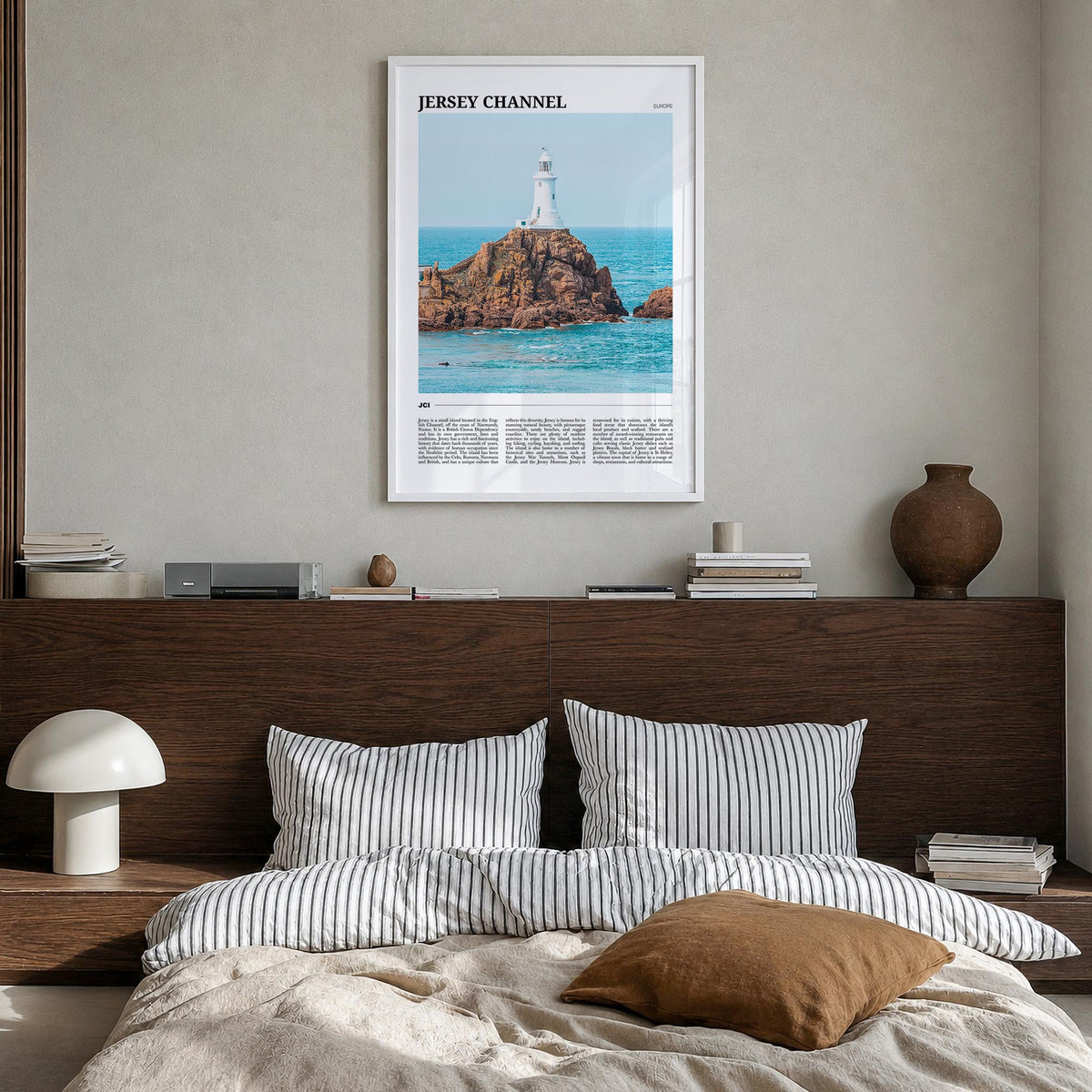 Jersey, Channel Islands no. 2 colorful travel poster of Channel Islands – vertical wall art in white wood frame, hanging on w