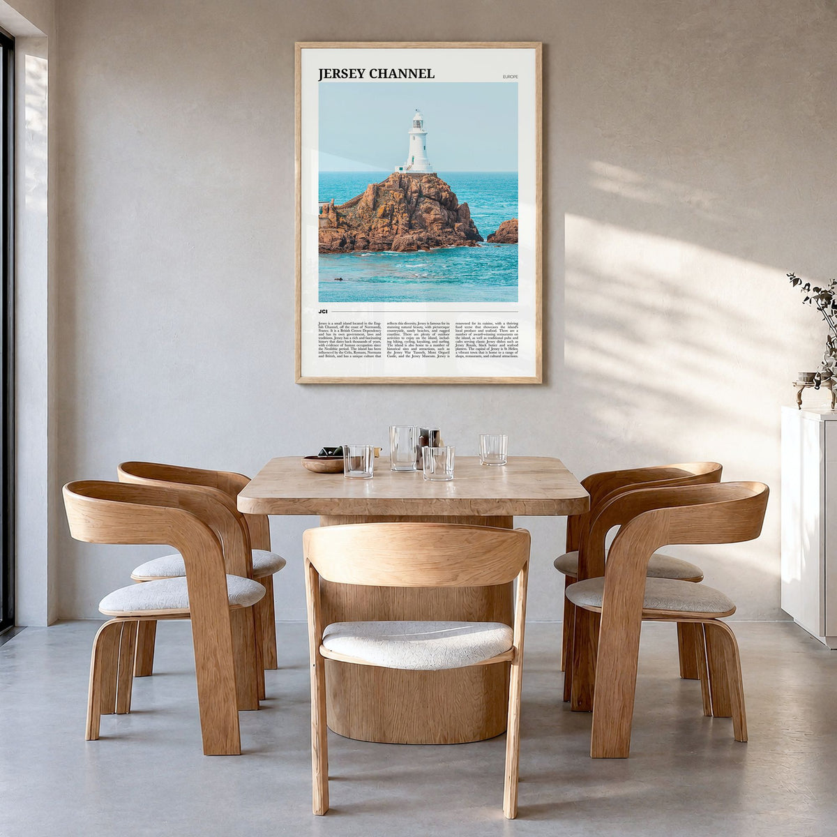 Jersey, Channel Islands Travel No 2 Poster in a natural wood frame, hanging in a dining room
