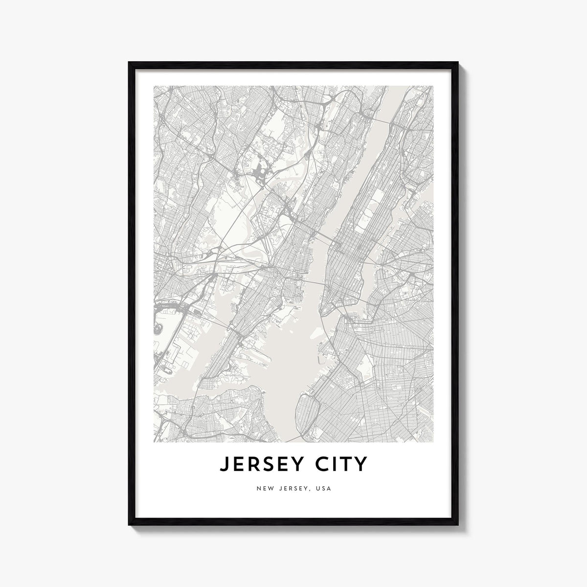Jersey City black & white map poster of New Jersey, USA – vertical wall art, unframed print shown in interior mockup