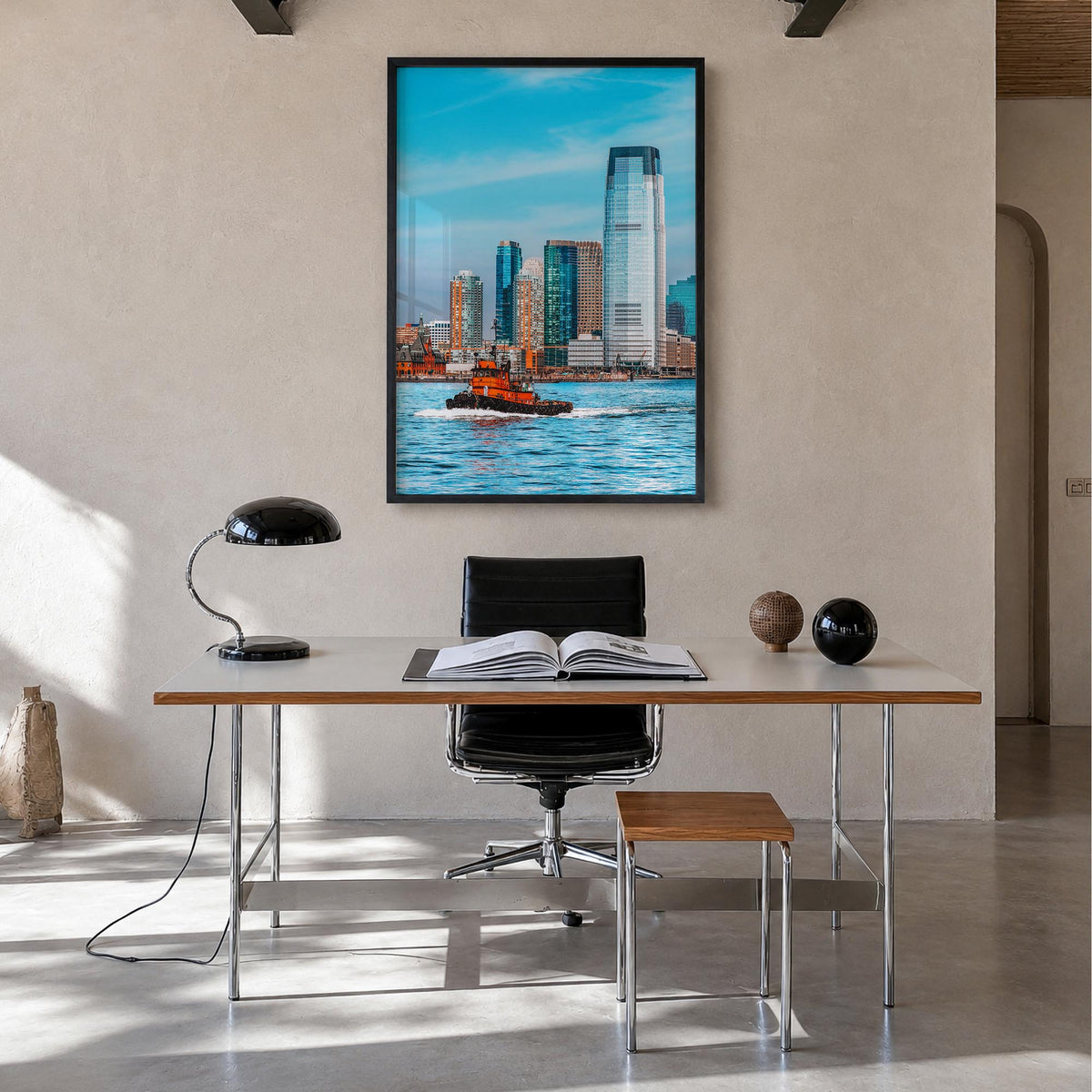 Jersey City colorful photo poster of New Jersey, USA – vertical wall art in black wood frame, hanging on wall