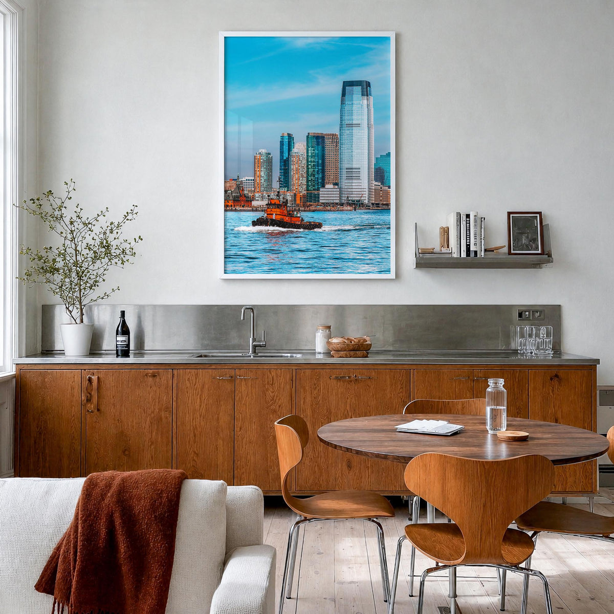 Jersey City colorful photo poster of New Jersey, USA – vertical wall art in white wood frame, hanging on wall