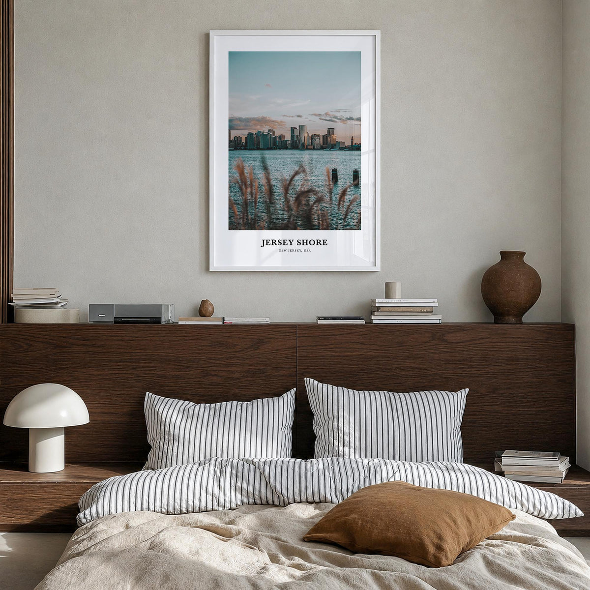 Jersey Shore colorful classic poster of New Jersey, USA – vertical wall art in white wood frame, hanging on wall